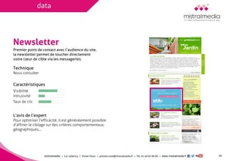 mistralmediaLuc Lehéricy Vivian Favroprenom.nom@mistralmedia.frTél. 01 40 02 99 00 www.mistralmedia.fr 
Newsletter 
Technique Nous consulter 
Caractéristiques 
L’avis de l’expertPour optimiser l’efficacité, il est généralement possible d’affiner le ciblage sur des critères comportementaux, géographiques,… 
Premier point de contact avec l’audience du site, 
la newsletter permet de toucher directement 
votre coeur de cible via les messageries. 
16 
Visibilité 
Intrusivité 
Taux de clic 
data  