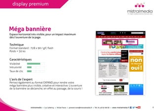 mistralmediaLuc Lehéricy Vivian Favroprenom.nom@mistralmedia.frTél. 01 40 02 99 00 www.mistralmedia.fr 
Méga bannière 
Espace horizontal très visible, pour un impact maximumdès l’ouverture de la page. 
Technique Format standard : 728 x 90 / gif, flash 
Poids < 50 ko 
Caractéristiques 
Pensez également au format EXPAND pour rendre votre méga bannière plus visible, créative et interactive. L’ouverturede la bannière se déclenche, en effet au passage, de la souris ! 
L’avis de l’expert 
2 
Visibilité 
Intrusivité 
Taux de clic 
display premium  