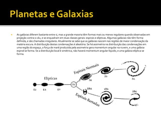  As galáxias diferem bastante entre si, mas a grande maioria têm formas mais ou menos regulares quando observadas em
projeção contra o céu, e se enquadram em duas classes gerais: espirais e elípticas.Algumas galáxias não têm forma
definida, e são chamadas irregulares.Atualmente se sabe que as galáxias nascem nas regiões de maior condensação da
matéria escura.A distribuição destas condensações é aleatória. Se há assimetria na distribuição das condensações em
uma região do espaço, a força de maré produzida pela assimetria gera momentum angular na nuvem, e uma galáxia
espiral se forma. Se a distribuição local é simétrica, não haverá momentum angular líquido, e uma galáxia elíptica se
forma.
 