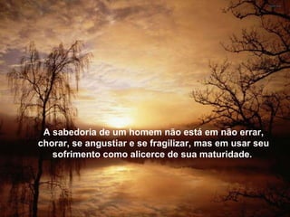 Não estás deprimido, estás desocupado.  Ajuda a criança que precisa de ti, essa criança que será sócia do teu filho.  Ajuda os velhos e os jovens te ajudarão quando for tua vez.  Aliás, o ser-viço prestado é uma forma segura de ser feliz, como é gostar da natureza e cuidar dela para aqueles que virão.  Não estás deprimido, estás desocupado.  Ajuda a criança que precisa de ti, essa criança que será sócia do teu filho.  Ajuda os velhos e os jovens te ajudarão quando for tua vez.  Aliás, o serviço prestado é uma forma segura de ser feliz, como é gostar da natureza e cuidar dela para aqueles que virão.  A sabedoria de um homem não está em não errar, chorar, se angustiar e se fragilizar, mas em usar seu sofrimento como alicerce de sua maturidade.  