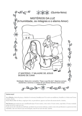 Vamosrezar!
Ave Maria,cheia de graça, o Senhoré convosco, bendita sois Vós entre as mulheres, bendito é o fruto em Vosso
ventre, Jesus.
Santa Maria Mãe de Deus, rogai por nós, os pecadores, agora e na hora da nossa morte. Amém.
Pai Nosso que estais no céu, santificado seja o Vosso nome, vem a nós o Vosso reino, seja feita a Vossa vontade
assim na terra como no céu.
O pão nosso de cada dia nos daí hoje, perdoai-nos as nossas ofensas, assim como nós perdoamos a quem nos tem
ofendido, não nos deixei cair em tentação, mas livrai-nos do mal. Amém.
 