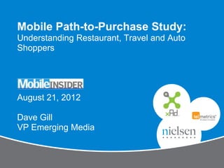 Mobile Path-to-Purchase Study:
Understanding Restaurant, Travel and Auto
Shoppers




August 21, 2012

Dave Gill
VP Emerging Media
 