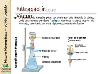 Filtração à
Vácuo
⚫ O processo de filtração pode ser acelerado pela filtração à vácuo,
onde uma trompa de vácuo " " o ar existente na parte interior do
kitassato, permitindo um mais rápido escoamento do líquido.
Aparelhagem
Montada
Funil de Buchner
(porcelana)
 