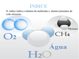 ÍNDICE
O índice indica o número de moléculas e átomos presentes de
cada elemento.
 