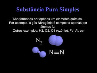 Substância Pura Simples
São formadas por apenas um elemento químico.
Por exemplo, o gás Nitrogênio é composto apenas por
átomos N:
Outros exemplos: H2, O2, O3 (ozônio), Fe, Al, etc
 
