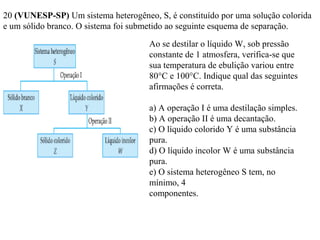 20 (VUNESP-SP) Um sistema heterogêneo, S, é constituído por uma solução colorida
e um sólido branco. O sistema foi submetido ao seguinte esquema de separação.
Ao se destilar o líquido W, sob pressão
constante de 1 atmosfera, verifica-se que
sua temperatura de ebulição variou entre
80°C e 100°C. Indique qual das seguintes
afirmações é correta.
a) A operação I é uma destilação simples.
b) A operação II é uma decantação.
c) O líquido colorido Y é uma substância
pura.
d) O líquido incolor W é uma substância
pura.
e) O sistema heterogêneo S tem, no
mínimo, 4
componentes.
 
