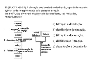 30 (PUCCAMP-SP) A obtenção do álcool etílico hidratado, a partir da cana-de-
açúcar, pode ser representada pelo esquema a seguir.
Em I e IV, que envolvem processos de fracionamento, são realizadas,
respectivamente:
a) filtração e destilação.
b) destilação e decantação.
c) filtração e decantação.
d) destilação e filtração.
e) decantação e decantação.
 