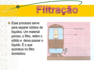 Esse processo serve
para separar sólidos de
líquidos. Um material
poroso, o filtro, retém o
sólido e deixa passar o
líquido. É o que
acontece no filtro
doméstico.
 