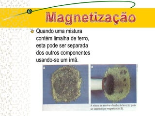 Quando uma mistura
contém limalha de ferro,
esta pode ser separada
dos outros componentes
usando-se um ímã.
 
