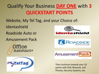 Qualify Your Business DAY ONEwith 3 QUICKSTART POINTSWebsite, My Tel Tag, and your Choice of:IdentashieldRoadside Auto orAmusement PackThen continue towards your 10 points with Dish Network, Cell Phones, Security Systems, etc.