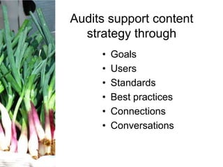 Audits support content
strategy through
•
•
•
•
•
•

Goals
Users
Standards
Best practices
Connections
Conversations

 