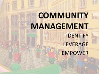 COMMUNITY
MANAGEMENT
IDENTIFY
LEVERAGE
EMPOWER
 