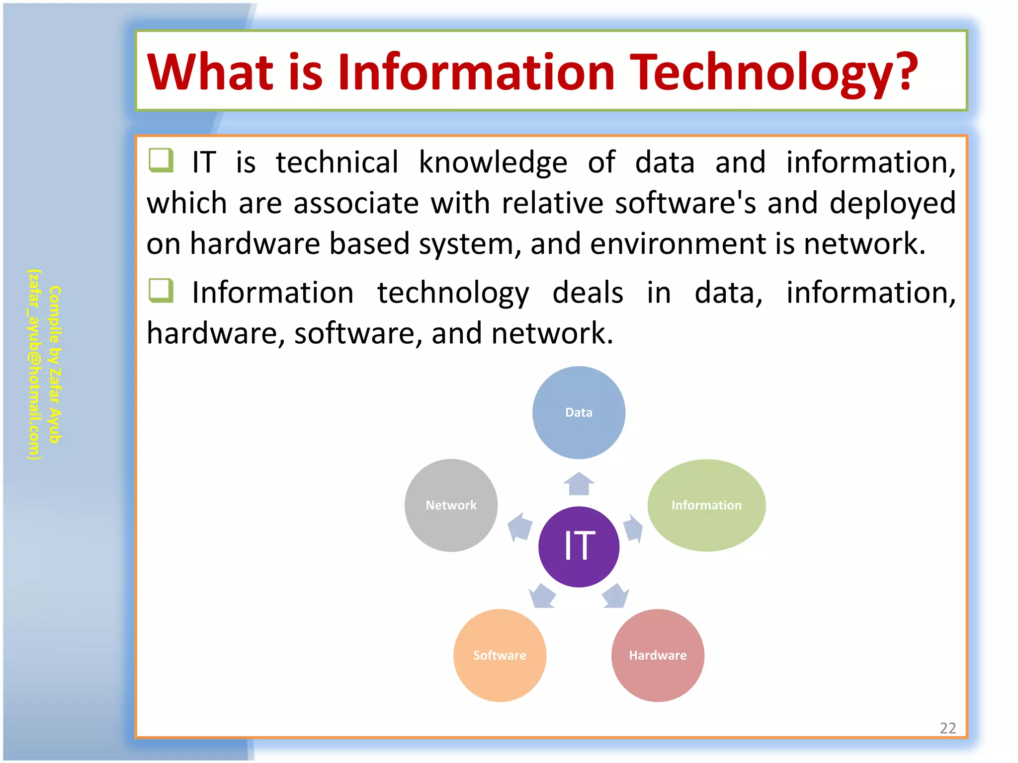 What is Information Technology?
                            IT is technical knowledge of data and information,
                           which are associate with relative software's and deployed
                           on hardware based system, and environment is network.
(zafar_ayub@hotmail.com)




                            Information technology deals in data, information,
   Compile by Zafar Ayub




                           hardware, software, and network.

                                                               Data




                                              Network                      Information


                                                               IT

                                                    Software          Hardware




                                                                                         22
 