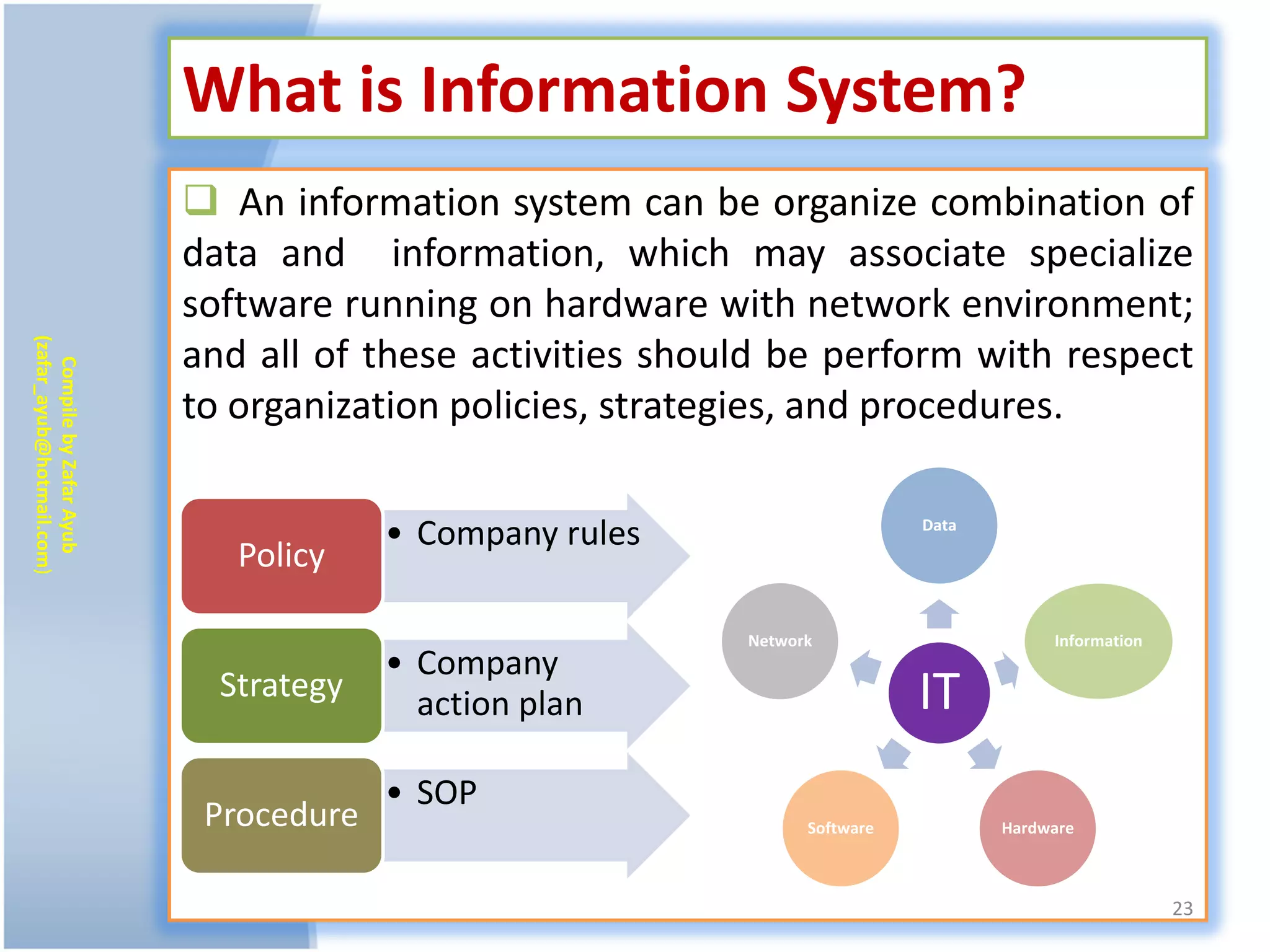 What is Information System?
                            An information system can be organize combination of
                           data and information, which may associate specialize
                           software running on hardware with network environment;
(zafar_ayub@hotmail.com)




                           and all of these activities should be perform with respect
   Compile by Zafar Ayub




                           to organization policies, strategies, and procedures.

                                        • Company rules                     Data

                              Policy

                                                           Network                      Information
                                        • Company
                             Strategy
                                          action plan                       IT
                                        • SOP
                            Procedure                            Software          Hardware



                                                                                                      23
 