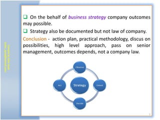  On the behalf of business strategy company outcomes
                           may possible.
                            Strategy also be documented but not law of company.
                           Conclusion - action plan, practical methodology, discus on
(zafar_ayub@hotmail.com)




                           possibilities, high level approach, pass on senior
   Compile by Zafar Ayub




                           management, outcomes depends, not a company law.




                                                                                    7
 