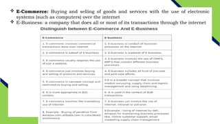  E-Commerce: Buying and selling of goods and services with the use of electronic
systems (such as computers) over the internet
 E-Business: a company that does all or most of its transactions through the internet
 