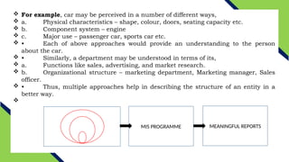  For example, car may be perceived in a number of different ways,
 a. Physical characteristics – shape, colour, doors, seating capacity etc.
 b. Component system – engine
 c. Major use – passenger car, sports car etc.
 • Each of above approaches would provide an understanding to the person
about the car.
 • Similarly, a department may be understood in terms of its,
 a. Functions like sales, advertising, and market research.
 b. Organizational structure – marketing department, Marketing manager, Sales
officer.
 • Thus, multiple approaches help in describing the structure of an entity in a
better way.

MIS PROGRAMME MEANINGFUL REPORTS
 