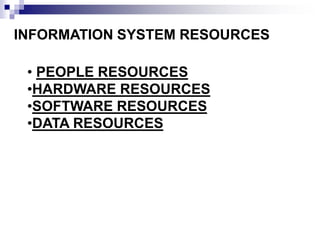 INFORMATION SYSTEM RESOURCES
• PEOPLE RESOURCES
•HARDWARE RESOURCES
•SOFTWARE RESOURCES
•DATA RESOURCES
 