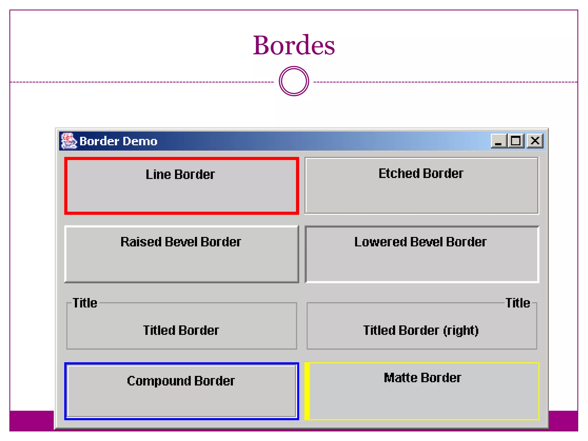Algunos métodos de JFrame Para construir una ventana con un título y mostrarla:   JFrame theWindow = new JFrame( "Graffiti" );   theWindow.show( );   //idem theWindow.setVisible(true); Para determinar su tamaño:theWindow.setJMenuBar(cyanMenuBar);theWindow.setSize( 220, 100 );//o mejortheWindow.pack();