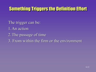 Something Triggers the Definition Effort
The trigger can be:
1.An action
2.The passage of time
3. From within the firm or the environment
6-12
 