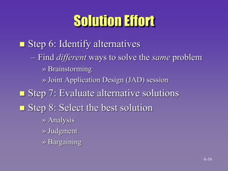 Solution Effort
 Step 6: Identify alternatives
– Find different ways to solve the same problem
» Brainstorming
» Joint Application Design (JAD) session
 Step 7: Evaluate alternative solutions
 Step 8: Select the best solution
» Analysis
» Judgment
» Bargaining
6-16
 