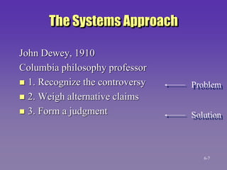 The Systems Approach
John Dewey, 1910
Columbia philosophy professor
 1. Recognize the controversy
 2. Weigh alternative claims
 3. Form a judgment
Problem
Solution
6-7
 