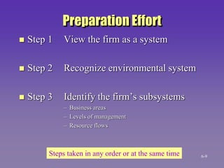 Preparation Effort
 Step 1 View the firm as a system
 Step 2 Recognize environmental system
 Step 3 Identify the firm’s subsystems
– Business areas
– Levels of management
– Resource flows
Steps taken in any order or at the same time 6-9
 