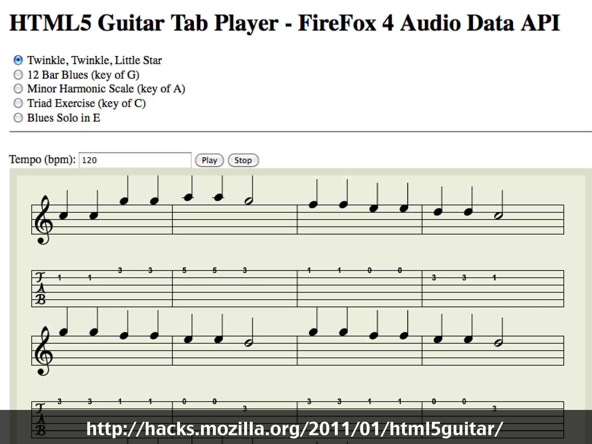 http://hacks.mozilla.org/2011/01/html5guitar/
 