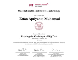 Massachusetts Institute of Technology
This is to certify that
Erfan Apriyanto Muhamad
has successfully completed
Tackling the Challenges of Big Data
September 6 – October 18, 2016
(20 hours)
An online program developed by the faculty of the MIT Computer Science and Artificial Intelligence Laboratory
in collaboration with MIT Professional Education and edX.
Bhaskar Pant Daniela Rus Sam Madden
Executive Director Professor & Director Professor & Director, Big Data Initiative,
MIT Professional Education MIT Computer Science and MIT Computer Science and
Artificial Intelligence Laboratory Artificial Intelligence Laboratory
 