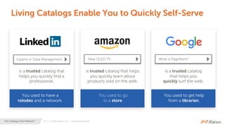 22 | © 2020 Alation, Inc. – All Rights Reserved.The Catalog is the Platform™
Living Catalogs Enable You to Quickly Self-Serve
is a trusted catalog that
helps you quickly find a
professional.
is trusted catalog that helps
you quickly learn about
products sold on the web.
is a trusted catalog
that helps you
quickly surf the web.
You used to have a
rolodex and a network.
Experts in Data Management New OLED TV What is PageRank?
You used to go
to a store.
You used to get help
from a librarian.
 
