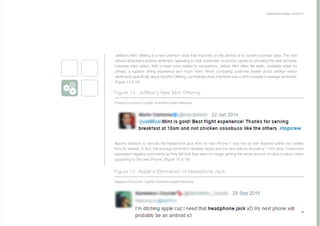 Collaborative Exchange / 2016-2017
29
JetBlue’s Mint Offering is a new premium class that improves on the service of its current business class. The new
service attracted a positive sentiment, appealing to their customers’ economic capital by providing the best domestic
business class option. With a lower price relative to competitors, Jetblue Mint offers flat seats, closeable suites for
privacy, a superior dining experience and much more. When comparing customer tweets about JetBlue versus
sentiments specifically about the Mint Offering, our findings show that there was a 46% increase in average sentiment.
(Figure 14 & 16)
Figure 14: JetBlue's New Mint Offering
Figure 15: Apple's Elimination of Headphone Jack
Positive Economic Capital: Incentive-based Rewards
Negative Economic Capital: Incentive-based Rewards
Apple’s decision to remove the headphone jack from its new iPhone 7 was not as well received within two weeks
from its release. In fact, the average sentiment between Apple and the new feature showed a 119% drop. Customers
expressed negative sentiments as they felt that they were no longer getting the same amount of value in return when
upgrading to the new iPhone. (Figure 15 & 16)
 