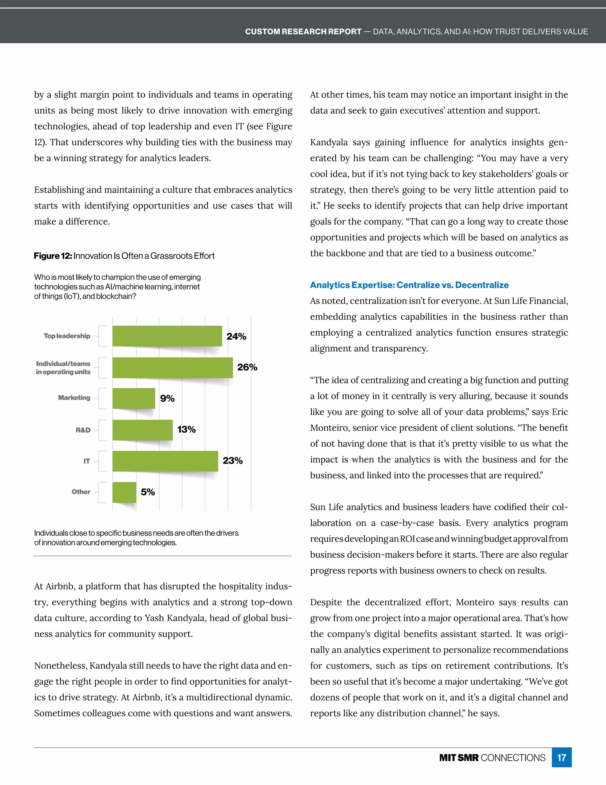 17
·ĳ ĒèÙÓ×ęí ĎÓÙîċôÙîęęôÙî½ÙİÙ½ĝ èĒ î½ęÁ íĒÙîôċÁĎ ęÙîÓ
ĝîÙęĒ Ē·ÁÙîÓíôĒęèÙæÁèĳęô½ĎÙİÁÙîîôİ ęÙôîıÙę×ÁíÁĎÓÙîÓ
ęÁ¸×îôèôÓÙÁĒɷ ×Á ½ôÒęôċèÁ ½ÁĎĒ×Ùċ î½ÁİÁî={ʈĒÁÁ6ÙÓĝĎÁ
ɗɘʉɼ{× ęĝî½ÁĎĒ¸ôĎÁĒı×ĳ·ĝÙè½ÙîÓęÙÁĒıÙę×ę×Á·ĝĒÙîÁĒĒí ĳ
·Á ıÙîîÙîÓĒęĎ ęÁÓĳÒôĎ î èĳęÙ¸ĒèÁ ½ÁĎĒɼ
Establishing and maintaining a culture that embraces analytics
Ēę ĎęĒ ıÙę× Ù½ÁîęÙÒĳÙîÓ ôċċôĎęĝîÙęÙÁĒ î½ ĝĒÁ ¸ ĒÁĒ ę× ę ıÙèè
make a difference.
ęÙĎ·î·ɷ ċè ęÒôĎíę× ę× Ē½ÙĒĎĝċęÁ½ę×Á×ôĒċÙę èÙęĳÙî½ĝĒ-
ęĎĳɷÁİÁĎĳę×ÙîÓ·ÁÓÙîĒıÙę× î èĳęÙ¸Ē î½ ĒęĎôîÓęôċʌ½ôıî
½ ę ¸ĝèęĝĎÁɷ ¸¸ôĎ½ÙîÓęô• Ē×J î½ĳ è ɷ×Á ½ôÒÓèô· è·ĝĒÙ-
îÁĒĒ î èĳęÙ¸ĒÒôĎ¸ôííĝîÙęĳĒĝċċôĎęɼ
RôîÁę×ÁèÁĒĒɷJ î½ĳ è ĒęÙèèîÁÁ½Ēęô× İÁę×ÁĎÙÓ×ę½ ę  î½Áî-
Ó ÓÁę×ÁĎÙÓ×ęċÁôċèÁÙîôĎ½ÁĎęôľî½ôċċôĎęĝîÙęÙÁĒÒôĎ î èĳę-
Ù¸Ēęô½ĎÙİÁĒęĎ ęÁÓĳɼęÙĎ·î·ɷÙęʖĒ íĝèęÙ½ÙĎÁ¸ęÙôî è½ĳî íÙ¸ɼ
uôíÁęÙíÁĒ¸ôèèÁ ÓĝÁĒ¸ôíÁıÙę×čĝÁĒęÙôîĒ î½ı îę îĒıÁĎĒɼ
ęôę×ÁĎęÙíÁĒɷ×ÙĒęÁ íí ĳîôęÙ¸Á îÙíċôĎę îęÙîĒÙÓ×ęÙîę×Á
½ ę  î½ĒÁÁæęôÓ ÙîÁĲÁ¸ĝęÙİÁĒʖ ęęÁîęÙôî î½ĒĝċċôĎęɼ
J î½ĳ è  Ē ĳĒ Ó ÙîÙîÓ ÙîĿĝÁî¸Á ÒôĎ î èĳęÙ¸Ē ÙîĒÙÓ×ęĒ ÓÁî-
ÁĎ ęÁ½·ĳ×ÙĒęÁ í¸ î·Á¸× èèÁîÓÙîÓɶʓ•ôĝí ĳ× İÁ İÁĎĳ
¸ôôèÙ½Á ɷ·ĝęÙÒÙęʖĒîôęęĳÙîÓ· ¸æęôæÁĳĒę æÁ×ôè½ÁĎĒʖÓô èĒôĎ
ĒęĎ ęÁÓĳɷę×Áîę×ÁĎÁʖĒÓôÙîÓęô·ÁİÁĎĳèÙęęèÁ ęęÁîęÙôîċ Ù½ęô
Ùęɼʔ;ÁĒÁÁæĒęôÙ½ÁîęÙÒĳċĎôäÁ¸ęĒę× ę¸ î×Áèċ½ĎÙİÁÙíċôĎę îę
Óô èĒÒôĎę×Á¸ôíċ îĳɼʓ{× ę¸ îÓô èôîÓı ĳęô¸ĎÁ ęÁę×ôĒÁ
ôċċôĎęĝîÙęÙÁĒ î½ċĎôäÁ¸ęĒı×Ù¸×ıÙèè·Á· ĒÁ½ôî î èĳęÙ¸Ē Ē
the backbone and that are tied to a business outcome.”
Analytics Expertise: Centralize vs. Decentralize
ĒîôęÁ½ɷ¸ÁîęĎ èÙĺ ęÙôîÙĒîʖęÒôĎÁİÁĎĳôîÁɼęuĝîLÙÒÁ6Ùî î¸Ù èɷ
Áí·Á½½ÙîÓ î èĳęÙ¸Ē ¸ ċ ·ÙèÙęÙÁĒ Ùî ę×Á ·ĝĒÙîÁĒĒ Ď ę×ÁĎ ę× î
ÁíċèôĳÙîÓ  ¸ÁîęĎ èÙĺÁ½ î èĳęÙ¸Ē Òĝî¸ęÙôî ÁîĒĝĎÁĒ ĒęĎ ęÁÓÙ¸
èÙÓîíÁîę î½ęĎ îĒċ ĎÁî¸ĳɼ
ʓ{×ÁÙ½Á ôÒ¸ÁîęĎ èÙĺÙîÓ î½¸ĎÁ ęÙîÓ ·ÙÓÒĝî¸ęÙôî î½ċĝęęÙîÓ
èôęôÒíôîÁĳÙîÙę¸ÁîęĎ èèĳÙĒİÁĎĳ èèĝĎÙîÓɷ·Á¸ ĝĒÁÙęĒôĝî½Ē
èÙæÁĳôĝ ĎÁÓôÙîÓęôĒôèİÁ èèôÒĳôĝĎ½ ę ċĎô·èÁíĒɷʔĒ ĳĒ%ĎÙ¸
QôîęÁÙĎôɷĒÁîÙôĎİÙ¸ÁċĎÁĒÙ½ÁîęôÒ¸èÙÁîęĒôèĝęÙôîĒɼʓ{×Á·ÁîÁľę
ôÒîôę× İÙîÓ½ôîÁę× ęÙĒę× ęÙęʖĒċĎÁęęĳİÙĒÙ·èÁęôĝĒı× ęę×Á
Ùíċ ¸ęÙĒı×Áîę×Á î èĳęÙ¸ĒÙĒıÙę×ę×Á·ĝĒÙîÁĒĒ î½ÒôĎę×Á
·ĝĒÙîÁĒĒɷ î½èÙîæÁ½Ùîęôę×ÁċĎô¸ÁĒĒÁĒę× ę ĎÁĎÁčĝÙĎÁ½ɼʔ
uĝîLÙÒÁ î èĳęÙ¸Ē î½·ĝĒÙîÁĒĒèÁ ½ÁĎĒ× İÁ¸ô½ÙľÁ½ę×ÁÙĎ¸ôè-
è ·ôĎ ęÙôî ôî  ¸ ĒÁʌ·ĳʌ¸ ĒÁ · ĒÙĒɼ %İÁĎĳ î èĳęÙ¸Ē ċĎôÓĎ í
ĎÁčĝÙĎÁĒ½ÁİÁèôċÙîÓ îqW=¸ ĒÁ î½ıÙîîÙîÓ·ĝ½ÓÁę ċċĎôİ èÒĎôí
business decision-makers before it starts. There are also regular
ċĎôÓĎÁĒĒĎÁċôĎęĒıÙę×·ĝĒÙîÁĒĒôıîÁĎĒęô¸×Á¸æôîĎÁĒĝèęĒɼ
!ÁĒċÙęÁ ę×Á ½Á¸ÁîęĎ èÙĺÁ½ ÁÒÒôĎęɷ QôîęÁÙĎô Ē ĳĒ ĎÁĒĝèęĒ ¸ î
ÓĎôıÒĎôíôîÁċĎôäÁ¸ęÙîęô í äôĎôċÁĎ ęÙôî è ĎÁ ɼ{× ęʖĒ×ôı
ę×Á¸ôíċ îĳʖĒ½ÙÓÙę è·ÁîÁľęĒ ĒĒÙĒę îęĒę ĎęÁ½ɼ=ęı ĒôĎÙÓÙ-
î èèĳ î î èĳęÙ¸ĒÁĲċÁĎÙíÁîęęôċÁĎĒôî èÙĺÁĎÁ¸ôííÁî½ ęÙôîĒ
ÒôĎ ¸ĝĒęôíÁĎĒɷ Ēĝ¸× Ē ęÙċĒ ôî ĎÁęÙĎÁíÁîę ¸ôîęĎÙ·ĝęÙôîĒɼ =ęʖĒ
·ÁÁîĒôĝĒÁÒĝèę× ęÙęʖĒ·Á¸ôíÁ í äôĎĝî½ÁĎę æÙîÓɼʓ“ÁʖİÁÓôę
½ôĺÁîĒôÒċÁôċèÁę× ęıôĎæôîÙęɷ î½ÙęʖĒ ½ÙÓÙę è¸× îîÁè î½
ĎÁċôĎęĒèÙæÁ îĳ½ÙĒęĎÙ·ĝęÙôî¸× îîÁèɷʔ×ÁĒ ĳĒɼ
Figure 12: Innovation Is Often a Grassroots Effort
Individualsclosetospecificbusinessneedsareoftenthedrivers
ofinnovationaroundemergingtechnologies.
Who is most likely to champion the use of emerging
technologies such as AI/machine learning, internet
of things (IoT), and blockchain?
24%
Topleadership
26%
9%
13%
23%
5%
Individual/teams
inoperatingunits
Marketing
RD
IT
Other
CUSTOM RESEARCH REPORT — DATA, ANALYTICS, AND AI: HOW TRUST DELIVERS VALUE
 
