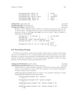 Chapter 6: Strings                                                                     101



            (string-pad-left "hello" 4)                     ⇒    "ello"
            (string-pad-left "hello" 8)                     ⇒    "   hello"
            (string-pad-left "hello" 8 #*)                 ⇒    "***hello"
            (string-pad-right "hello" 4)                    ⇒    "hell"
            (string-pad-right "hello" 8)                    ⇒    "hello   "


string-trim string [char-set]                                                   procedure
string-trim-left string [char-set]                                              procedure
string-trim-right string [char-set]                                             procedure
      Returns a newly allocated string created by removing all characters that are not
      in char-set from: (string-trim) both ends of string; (string-trim-left) the be-
      ginning of string; or (string-trim-right) the end of string. Char-set defaults to
      char-set:not-whitespace.
            (string-trim " in the end ")            ⇒            "in the end"
            (string-trim "              ")          ⇒            ""
            (string-trim "100th" char-set:numeric) ⇒             "100"
            (string-trim-left "-.-+-=-" (char-set #+))
                                                    ⇒            "+-=-"
            (string-trim "but (+ x y) is" (char-set #(          #)))
                                                    ⇒            "(+ x y)"


6.6 Searching Strings
   The ﬁrst few procedures in this section perform string search, in which a given string
(the text) is searched to see if it contains another given string (the pattern) as a proper
substring. At present these procedures are implemented using a hybrid strategy. For short
patterns of less than 4 characters, the naive string-search algorithm is used. For longer
patterns, the Boyer-Moore string-search algorithm is used.


string-search-forward pattern string                                                 procedure
substring-search-forward pattern string start end                                    procedure
      Pattern must be a string. Searches string for the leftmost occurrence of the substring
      pattern. If successful, the index of the ﬁrst character of the matched substring is
      returned; otherwise, #f is returned.
      substring-search-forward limits its search to the speciﬁed substring of string;
      string-search-forward searches all of string.
            (string-search-forward "rat" "pirate")
                ⇒ 2
            (string-search-forward "rat" "pirate rating")
                ⇒ 2
            (substring-search-forward "rat" "pirate rating" 4 13)
                ⇒ 7
            (substring-search-forward "rat" "pirate rating" 9 13)
                ⇒ #f
 