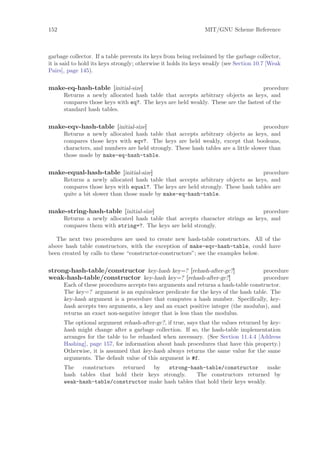 152                                                             MIT/GNU Scheme Reference



garbage collector. If a table prevents its keys from being reclaimed by the garbage collector,
it is said to hold its keys strongly; otherwise it holds its keys weakly (see Section 10.7 [Weak
Pairs], page 145).

make-eq-hash-table [initial-size]                                                  procedure
      Returns a newly allocated hash table that accepts arbitrary objects as keys, and
      compares those keys with eq?. The keys are held weakly. These are the fastest of the
      standard hash tables.

make-eqv-hash-table [initial-size]                                                  procedure
      Returns a newly allocated hash table that accepts arbitrary objects as keys, and
      compares those keys with eqv?. The keys are held weakly, except that booleans,
      characters, and numbers are held strongly. These hash tables are a little slower than
      those made by make-eq-hash-table.

make-equal-hash-table [initial-size]                                             procedure
      Returns a newly allocated hash table that accepts arbitrary objects as keys, and
      compares those keys with equal?. The keys are held strongly. These hash tables are
      quite a bit slower than those made by make-eq-hash-table.

make-string-hash-table [initial-size]                                           procedure
      Returns a newly allocated hash table that accepts character strings as keys, and
      compares them with string=?. The keys are held strongly.

   The next two procedures are used to create new hash-table constructors. All of the
above hash table constructors, with the exception of make-eqv-hash-table, could have
been created by calls to these “constructor-constructors”; see the examples below.

strong-hash-table/constructor key-hash key=? [rehash-after-gc?]                    procedure
weak-hash-table/constructor key-hash key=? [rehash-after-gc?]                      procedure
      Each of these procedures accepts two arguments and returns a hash-table constructor.
      The key=? argument is an equivalence predicate for the keys of the hash table. The
      key-hash argument is a procedure that computes a hash number. Speciﬁcally, key-
      hash accepts two arguments, a key and an exact positive integer (the modulus), and
      returns an exact non-negative integer that is less than the modulus.
      The optional argument rehash-after-gc?, if true, says that the values returned by key-
      hash might change after a garbage collection. If so, the hash-table implementation
      arranges for the table to be rehashed when necessary. (See Section 11.4.4 [Address
      Hashing], page 157, for information about hash procedures that have this property.)
      Otherwise, it is assumed that key-hash always returns the same value for the same
      arguments. The default value of this argument is #f.
      The   constructors  returned  by   strong-hash-table/constructor          make
      hash tables that hold their keys strongly.    The constructors returned by
      weak-hash-table/constructor make hash tables that hold their keys weakly.
 