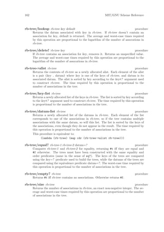 162                                                             MIT/GNU Scheme Reference



rb-tree/lookup rb-tree key default                                                 procedure
      Returns the datum associated with key in rb-tree. If rb-tree doesn’t contain an
      association for key, default is returned. The average and worst-case times required
      by this operation are proportional to the logarithm of the number of assocations in
      rb-tree.

rb-tree/delete! rb-tree key                                                        procedure
      If rb-tree contains an association for key, removes it. Returns an unspeciﬁed value.
      The average and worst-case times required by this operation are proportional to the
      logarithm of the number of assocations in rb-tree.

rb-tree->alist rb-tree                                                             procedure
      Returns the contents of rb-tree as a newly allocated alist. Each element of the alist
      is a pair (key . datum) where key is one of the keys of rb-tree, and datum is its
      associated datum. The alist is sorted by key according to the key<? argument used
      to construct rb-tree. The time required by this operation is proportional to the
      number of associations in the tree.

rb-tree/key-list rb-tree                                                                  procedure
      Returns a newly allocated list of the keys in rb-tree. The list is sorted by key according
      to the key<? argument used to construct rb-tree. The time required by this operation
      is proportional to the number of associations in the tree.

rb-tree/datum-list rb-tree                                                           procedure
      Returns a newly allocated list of the datums in rb-tree. Each element of the list
      corresponds to one of the associations in rb-tree, so if the tree contains multiple
      associations with the same datum, so will this list. The list is sorted by the keys of
      the associations, even though they do not appear in the result. The time required by
      this operation is proportional to the number of associations in the tree.
      This procedure is equivalent to:
            (lambda (rb-tree) (map cdr (rb-tree->alist rb-tree)))

rb-tree/equal? rb-tree-1 rb-tree-2 datum=?                                         procedure
      Compares rb-tree-1 and rb-tree-2 for equality, returning #t iﬀ they are equal and
      #f otherwise. The trees must have been constructed with the same equality and
      order predicates (same in the sense of eq?). The keys of the trees are compared
      using the key=? predicate used to build the trees, while the datums of the trees are
      compared using the equivalence predicate datum=?. The worst-case time required by
      this operation is proportional to the number of associations in the tree.

rb-tree/empty? rb-tree                                                                  procedure
      Returns #t iﬀ rb-tree contains no associations. Otherwise returns #f.

rb-tree/size rb-tree                                                                 procedure
      Returns the number of associations in rb-tree, an exact non-negative integer. The av-
      erage and worst-case times required by this operation are proportional to the number
      of associations in the tree.
 