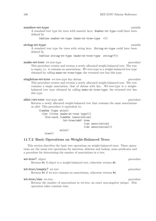 166                                                          MIT/GNU Scheme Reference



number-wt-type                                                                    variable
      A standard tree type for trees with numeric keys. Number-wt-type could have been
      deﬁned by
           (define number-wt-type (make-wt-tree-type <))

string-wt-type                                                                   variable
      A standard tree type for trees with string keys. String-wt-type could have been
      deﬁned by
           (define string-wt-type (make-wt-tree-type string<?))

make-wt-tree wt-tree-type                                                             procedure
      This procedure creates and returns a newly allocated weight-balanced tree. The tree
      is empty, i.e. it contains no associations. Wt-tree-type is a weight-balanced tree type
      obtained by calling make-wt-tree-type; the returned tree has this type.

singleton-wt-tree wt-tree-type key datum                                          procedure
      This procedure creates and returns a newly allocated weight-balanced tree. The tree
      contains a single association, that of datum with key. Wt-tree-type is a weight-
      balanced tree type obtained by calling make-wt-tree-type; the returned tree has
      this type.

alist->wt-tree tree-type alist                                                   procedure
      Returns a newly allocated weight-balanced tree that contains the same associations
      as alist. This procedure is equivalent to:
             (lambda (type alist)
                (let ((tree (make-wt-tree type)))
                  (for-each (lambda (association)
                                (wt-tree/add! tree
                                                 (car association)
                                                 (cdr association)))
                             alist)
                  tree))

11.7.2 Basic Operations on Weight-Balanced Trees
   This section describes the basic tree operations on weight-balanced trees. These opera-
tions are the usual tree operations for insertion, deletion and lookup, some predicates and
a procedure for determining the number of associations in a tree.

wt-tree? object                                                                     procedure
      Returns #t if object is a weight-balanced tree, otherwise returns #f.

wt-tree/empty? wt-tree                                                              procedure
      Returns #t if wt-tree contains no associations, otherwise returns #f.

wt-tree/size wt-tree                                                              procedure
      Returns the number of associations in wt-tree, an exact non-negative integer. This
      operation takes constant time.
 