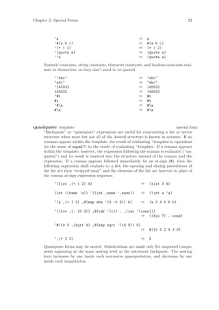Chapter 2: Special Forms                                                                 23



           ’a                                               ⇒    a
           ’#(a b c)                                        ⇒    #(a b c)
           ’(+ 1 2)                                         ⇒    (+ 1 2)
           ’(quote a)                                       ⇒    (quote a)
           ’’a                                              ⇒    (quote a)
     Numeric constants, string constants, character constants, and boolean constants eval-
     uate to themselves, so they don’t need to be quoted.

           ’"abc"                                           ⇒    "abc"
           "abc"                                            ⇒    "abc"
           ’145932                                          ⇒    145932
           145932                                           ⇒    145932
           ’#t                                              ⇒    #t
           #t                                               ⇒    #t
           ’#a                                             ⇒    #a
           #a                                              ⇒    #a



quasiquote template                                                                special form
     “Backquote” or “quasiquote” expressions are useful for constructing a list or vector
     structure when most but not all of the desired structure is known in advance. If no
     commas appear within the template, the result of evaluating ‘template is equivalent
     (in the sense of equal?) to the result of evaluating ’template. If a comma appears
     within the template, however, the expression following the comma is evaluated (“un-
     quoted”) and its result is inserted into the structure instead of the comma and the
     expression. If a comma appears followed immediately by an at-sign (@), then the
     following expression shall evaluate to a list; the opening and closing parentheses of
     the list are then “stripped away” and the elements of the list are inserted in place of
     the comma at-sign expression sequence.

           ‘(list ,(+ 1 2) 4)                                ⇒    (list 3 4)

           (let ((name ’a)) ‘(list ,name ’,name))            ⇒    (list a ’a)

           ‘(a ,(+ 1 2) ,@(map abs ’(4 -5 6)) b)             ⇒    (a 3 4 5 6 b)

           ‘((foo ,(- 10 3)) ,@(cdr ’(c)) . ,(car ’(cons)))
                                                    ⇒ ((foo 7) . cons)

           ‘#(10 5 ,(sqrt 4) ,@(map sqrt ’(16 9)) 8)
                                                             ⇒    #(10 5 2 4 3 8)

           ‘,(+ 2 3)                                         ⇒    5
     Quasiquote forms may be nested. Substitutions are made only for unquoted compo-
     nents appearing at the same nesting level as the outermost backquote. The nesting
     level increases by one inside each successive quasiquotation, and decreases by one
     inside each unquotation.
 