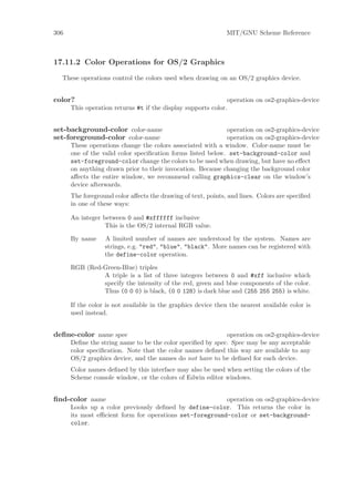 306                                                            MIT/GNU Scheme Reference



17.11.2 Color Operations for OS/2 Graphics
  These operations control the colors used when drawing on an OS/2 graphics device.


color?                                                        operation on os2-graphics-device
      This operation returns #t if the display supports color.


set-background-color color-name                              operation on os2-graphics-device
set-foreground-color color-name                              operation on os2-graphics-device
      These operations change the colors associated with a window. Color-name must be
      one of the valid color speciﬁcation forms listed below. set-background-color and
      set-foreground-color change the colors to be used when drawing, but have no eﬀect
      on anything drawn prior to their invocation. Because changing the background color
      aﬀects the entire window, we recommend calling graphics-clear on the window’s
      device afterwards.
      The foreground color aﬀects the drawing of text, points, and lines. Colors are speciﬁed
      in one of these ways:

      An integer between 0 and #xffffff inclusive
                  This is the OS/2 internal RGB value.

      By name     A limited number of names are understood by the system. Names are
                  strings, e.g. "red", "blue", "black". More names can be registered with
                  the define-color operation.

      RGB (Red-Green-Blue) triples
               A triple is a list of three integers between 0 and #xff inclusive which
               specify the intensity of the red, green and blue components of the color.
               Thus (0 0 0) is black, (0 0 128) is dark blue and (255 255 255) is white.

      If the color is not available in the graphics device then the nearest available color is
      used instead.


deﬁne-color name spec                                       operation on os2-graphics-device
      Deﬁne the string name to be the color speciﬁed by spec. Spec may be any acceptable
      color speciﬁcation. Note that the color names deﬁned this way are available to any
      OS/2 graphics device, and the names do not have to be deﬁned for each device.
      Color names deﬁned by this interface may also be used when setting the colors of the
      Scheme console window, or the colors of Edwin editor windows.


ﬁnd-color name                                           operation on os2-graphics-device
      Looks up a color previously deﬁned by define-color. This returns the color in
      its most eﬃcient form for operations set-foreground-color or set-background-
      color.
 
