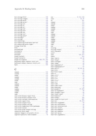 Appendix B: Binding Index                                                                                                                                                   333



bit-string-fill! . . . . . . . . . . . . . . . . . . . . . . . . . .                 134   car . . . . . . . . . . . . . . . . . . . . . . . . . . . . . . . . . 9, 114, 144
bit-string-length . . . . . . . . . . . . . . . . . . . . . . . . .                  132   case . . . . . . . . . . . . . . . . . . . . . . . . . . . . . . . . . . . . 25, 27
bit-string-move! . . . . . . . . . . . . . . . . . . . . . . . . . .                 134   cd . . . . . . . . . . . . . . . . . . . . . . . . . . . . . . . . . . . . . . . . . 241
bit-string-movec! . . . . . . . . . . . . . . . . . . . . . . . . .                  133   cdaaar . . . . . . . . . . . . . . . . . . . . . . . . . . . . . . . . . . . . . 115
bit-string-not . . . . . . . . . . . . . . . . . . . . . . . . . . . .               133   cdaadr . . . . . . . . . . . . . . . . . . . . . . . . . . . . . . . . . . . . . 115
bit-string-or . . . . . . . . . . . . . . . . . . . . . . . . . . . . .              133   cdaar . . . . . . . . . . . . . . . . . . . . . . . . . . . . . . . . . . . . . . 115
bit-string-or! . . . . . . . . . . . . . . . . . . . . . . . . . . . .               133   cdadar . . . . . . . . . . . . . . . . . . . . . . . . . . . . . . . . . . . . . 115
bit-string-ref . . . . . . . . . . . . . . . . . . . . . . . . . . . .               132   cdaddr . . . . . . . . . . . . . . . . . . . . . . . . . . . . . . . . . . . . . 115
bit-string-set! . . . . . . . . . . . . . . . . . . . . . . . . . . .                132   cdadr . . . . . . . . . . . . . . . . . . . . . . . . . . . . . . . . . . . . . . 115
bit-string-xor . . . . . . . . . . . . . . . . . . . . . . . . . . . .               133   cdar . . . . . . . . . . . . . . . . . . . . . . . . . . . . . . . . . . . . . . . 115
bit-string-xor! . . . . . . . . . . . . . . . . . . . . . . . . . . .                133   cddaar . . . . . . . . . . . . . . . . . . . . . . . . . . . . . . . . . . . . . 115
bit-string-zero? . . . . . . . . . . . . . . . . . . . . . . . . . .                 133   cddadr . . . . . . . . . . . . . . . . . . . . . . . . . . . . . . . . . . . . . 115
bit-string=? . . . . . . . . . . . . . . . . . . . . . . . . . . . . . .             133   cddar . . . . . . . . . . . . . . . . . . . . . . . . . . . . . . . . . . . . . . 115
bit-string? . . . . . . . . . . . . . . . . . . . . . . . . . . . . . . .            132   cdddar . . . . . . . . . . . . . . . . . . . . . . . . . . . . . . . . . . . . . 115
bit-substring . . . . . . . . . . . . . . . . . . . . . . . . . . . . .              132   cddddr . . . . . . . . . . . . . . . . . . . . . . . . . . . . . . . . . . . . . 115
bit-substring-find-next-set-bit . . . . . . . . . .                                  132   cdddr . . . . . . . . . . . . . . . . . . . . . . . . . . . . . . . . . . . . . . 115
bit-substring-move-right! . . . . . . . . . . . . . . . .                            134   cddr . . . . . . . . . . . . . . . . . . . . . . . . . . . . . . . . . . . . . . . 115
bitmap-from-dib . . . . . . . . . . . . . . . . . . . . . . . . . . .                320   cdr . . . . . . . . . . . . . . . . . . . . . . . . . . . . . . . . . 6, 114, 144
bool . . . . . . . . . . . . . . . . . . . . . . . . . . . . . . . . . . . . . . .   315   ceiling . . . . . . . . . . . . . . . . . . . . . . . . . . . . . . . . . . . . . 69
boolean/and . . . . . . . . . . . . . . . . . . . . . . . . . . . . . . .            136   ceiling->exact . . . . . . . . . . . . . . . . . . . . . . . . . . . . . 69
boolean/or . . . . . . . . . . . . . . . . . . . . . . . . . . . . . . . .           136   cell-contents . . . . . . . . . . . . . . . . . . . . . . . . . . . . . 139
boolean=? . . . . . . . . . . . . . . . . . . . . . . . . . . . . . . . . .          135   cell? . . . . . . . . . . . . . . . . . . . . . . . . . . . . . . . . . . . . . . 139
boolean? . . . . . . . . . . . . . . . . . . . . . . . . . . . . . . . . . .         135   char . . . . . . . . . . . . . . . . . . . . . . . . . . . . . . . . . . 218, 315
bound-restart . . . . . . . . . . . . . . . . . . . . . . . . . . . . .              277   char* . . . . . . . . . . . . . . . . . . . . . . . . . . . . . . . . . . . . . . 316
bound-restarts . . . . . . . . . . . . . . . . . . . . . . . . . . . .               277   char->ascii . . . . . . . . . . . . . . . . . . . . . . . . . . . . . 85, 86
break-on-signals . . . . . . . . . . . . . . . . . 269, 271,                         272   char->digit . . . . . . . . . . . . . . . . . . . . . . . . . . . . . . . . 84
buffered-input-charson input port . . . . . . . . .                                  208   char->integer . . . . . . . . . . . . . . . . . . . . . . . . . . . . . . 85
buffered-output-charson output port . . . . . . .                                    209   char->name . . . . . . . . . . . . . . . . . . . . . . . . . . . . . . . . . 82
byte . . . . . . . . . . . . . . . . . . . . . . . . . . . . . . . . . . . . . . .   316   char-alphabetic? . . . . . . . . . . . . . . . . . . . . . . . . . . . 87
                                                                                           char-alphanumeric? . . . . . . . . . . . . . . . . . . . . . . . . . 87
                                                                                           char-ascii? . . . . . . . . . . . . . . . . . . . . . . . . . 85, 86, 95
C                                                                                          char-bits . . . . . . . . . . . . . . . . . . . . . . . . . . . . . . . . . . 85
caaaar . . . . . . . . . . . . . . . . . . . . . . . . . . . . . . . . . . . . . 115       char-bits-limit . . . . . . . . . . . . . . . . . . . . . . . . . . . . 85
caaadr . . . . . . . . . . . . . . . . . . . . . . . . . . . . . . . . . . . . . 115       char-ci . . . . . . . . . . . . . . . . . . . . . . . . . . . . . . . . . . . . 218
caaar . . . . . . . . . . . . . . . . . . . . . . . . . . . . . . . . . . . . . . 115      char-ci<=? . . . . . . . . . . . . . . . . . . . . . . . . . . . . . . . . . 83
caadar . . . . . . . . . . . . . . . . . . . . . . . . . . . . . . . . . . . . . 115       char-ci<? . . . . . . . . . . . . . . . . . . . . . . . . . . . . . . . . . . 83
caaddr . . . . . . . . . . . . . . . . . . . . . . . . . . . . . . . . . . . . . 115       char-ci=? . . . . . . . . . . . . . . . . . . . . . . . . . . . . . . . . . . 83
caadr . . . . . . . . . . . . . . . . . . . . . . . . . . . . . . . . . . . . . . 115      char-ci>=? . . . . . . . . . . . . . . . . . . . . . . . . . . . . . . . . . 83
caar . . . . . . . . . . . . . . . . . . . . . . . . . . . . . . . . . . . . . . . 115     char-ci>? . . . . . . . . . . . . . . . . . . . . . . . . . . . . . . . . . . 83
cadaar . . . . . . . . . . . . . . . . . . . . . . . . . . . . . . . . . . . . . 115       char-code . . . . . . . . . . . . . . . . . . . . . . . . . . . . . . . . . . 85
cadadr . . . . . . . . . . . . . . . . . . . . . . . . . . . . . . . . . . . . . 115       char-code-limit . . . . . . . . . . . . . . . . . . . . . . . . . . . . 85
cadar . . . . . . . . . . . . . . . . . . . . . . . . . . . . . . . . . . . . . . 115      char-downcase . . . . . . . . . . . . . . . . . . . . . . . . . . . . . . 83
caddar . . . . . . . . . . . . . . . . . . . . . . . . . . . . . . . . . . . . . 115       char-graphic? . . . . . . . . . . . . . . . . . . . . . . . . . . 87, 203
cadddr . . . . . . . . . . . . . . . . . . . . . . . . . . . . . . . . . . . . . 115       char-in-alphabet? . . . . . . . . . . . . . . . . . . . . . . . . . . 93
caddr . . . . . . . . . . . . . . . . . . . . . . . . . . . . . . . . . . . . . . 115      char-integer-limit . . . . . . . . . . . . . . . . . . . . . . . . . 86
cadr . . . . . . . . . . . . . . . . . . . . . . . . . . . . . . . . . . . . . . . 115     char-lower-case? . . . . . . . . . . . . . . . . . . . . . . . . . . . 87
call-with-binary-input-file . . . . . . . . . . . . . . 191                                char-numeric? . . . . . . . . . . . . . . . . . . . . . . . . . . . . . . 87
call-with-binary-output-file . . . . . . . . . . . . . 191                                 char-ready? . . . . . . . . . . . . . . . . . . . . . . . . . . . . . . . 194
call-with-current-continuation . . . . . . . . . . . 175                                   char-ready?on input port . . . . . . . . . . . . . . . . . . . 207
call-with-input-file. . . . . . . . . . . . . . . . . . . . . . 190                        char-set . . . . . . . . . . . . . . . . . . . . . . . . . . . . . . . 88, 219
call-with-output-file . . . . . . . . . . . . . . . . . . . . 190                          char-set->alphabet . . . . . . . . . . . . . . . . . . . . . . . . . 93
call-with-output-string . . . . . . . . . . . . . . . . . . 192                            char-set-difference . . . . . . . . . . . . . . . . . . . . . . . . 88
call-with-temporary-file-pathname . . . . . . . 243                                        char-set-intersection . . . . . . . . . . . . . . . . . . . . . 88
call-with-values . . . . . . . . . . . . . . . . . . . . . . . . . . 177                   char-set-invert . . . . . . . . . . . . . . . . . . . . . . . . . . . . 88
call-with-wide-output-string . . . . . . . . . . . . . . 90                                char-set-member? . . . . . . . . . . . . . . . . . . . . . . . . . . . 87
canonical-host-name . . . . . . . . . . . . . . . . . . . . . . . 265                      char-set-members . . . . . . . . . . . . . . . . . . . . . . . . . . . 87
capture-imageon os2-graphics-device . . . . . . . . 311                                    char-set-union . . . . . . . . . . . . . . . . . . . . . . . . . . . . . 88
capture-syntactic-environment . . . . . . . . . . . . . 44                                 char-set:alphabetic . . . . . . . . . . . . . . . . . . . . . . . . 87
 