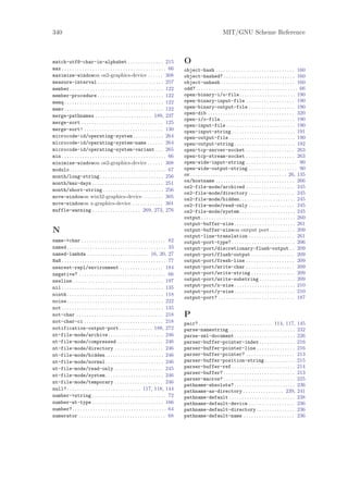 340                                                                                                                   MIT/GNU Scheme Reference



match-utf8-char-in-alphabet . . . . . . . . . . . . . . 215                                O
max . . . . . . . . . . . . . . . . . . . . . . . . . . . . . . . . . . . . . . . . . 66   object-hash . . . . . . . . . . . . . . . . . . . . . . . . . . . . . . . 160
maximize-windowon os2-graphics-device . . . . . . 308                                      object-hashed? . . . . . . . . . . . . . . . . . . . . . . . . . . . . 160
measure-interval . . . . . . . . . . . . . . . . . . . . . . . . . . 257                   object-unhash . . . . . . . . . . . . . . . . . . . . . . . . . . . . . 160
member . . . . . . . . . . . . . . . . . . . . . . . . . . . . . . . . . . . . . 122       odd? . . . . . . . . . . . . . . . . . . . . . . . . . . . . . . . . . . . . . . . . 66
member-procedure . . . . . . . . . . . . . . . . . . . . . . . . . . 122                   open-binary-i/o-file. . . . . . . . . . . . . . . . . . . . . . 190
memq . . . . . . . . . . . . . . . . . . . . . . . . . . . . . . . . . . . . . . . 122     open-binary-input-file . . . . . . . . . . . . . . . . . . . 190
memv . . . . . . . . . . . . . . . . . . . . . . . . . . . . . . . . . . . . . . . 122     open-binary-output-file . . . . . . . . . . . . . . . . . . 190
                                                                                           open-dib . . . . . . . . . . . . . . . . . . . . . . . . . . . . . . . . . . 320
merge-pathnames . . . . . . . . . . . . . . . . . . . . . . 189, 237
                                                                                           open-i/o-file . . . . . . . . . . . . . . . . . . . . . . . . . . . . . 190
merge-sort . . . . . . . . . . . . . . . . . . . . . . . . . . . . . . . . 125
                                                                                           open-input-file . . . . . . . . . . . . . . . . . . . . . . . . . . . 190
merge-sort! . . . . . . . . . . . . . . . . . . . . . . . . . . . . . . . 130              open-input-string . . . . . . . . . . . . . . . . . . . . . . . . . 191
microcode-id/operating-system . . . . . . . . . . . . 264                                  open-output-file . . . . . . . . . . . . . . . . . . . . . . . . . . 190
microcode-id/operating-system-name . . . . . . 264                                         open-output-string . . . . . . . . . . . . . . . . . . . . . . . . 192
microcode-id/operating-system-variant . . . 265                                            open-tcp-server-socket . . . . . . . . . . . . . . . . . . . 263
min . . . . . . . . . . . . . . . . . . . . . . . . . . . . . . . . . . . . . . . . . 66   open-tcp-stream-socket . . . . . . . . . . . . . . . . . . . 263
minimize-windowon os2-graphics-device . . . . . . 308                                      open-wide-input-string . . . . . . . . . . . . . . . . . . . . 90
modulo . . . . . . . . . . . . . . . . . . . . . . . . . . . . . . . . . . . . . . 67      open-wide-output-string . . . . . . . . . . . . . . . . . . . 90
month/long-string . . . . . . . . . . . . . . . . . . . . . . . . . 256                    or. . . . . . . . . . . . . . . . . . . . . . . . . . . . . . . . . . . . . . 26, 135
month/max-days . . . . . . . . . . . . . . . . . . . . . . . . . . . . 251                 os/hostname . . . . . . . . . . . . . . . . . . . . . . . . . . . . . . . 266
                                                                                           os2-file-mode/archived . . . . . . . . . . . . . . . . . . . 245
month/short-string . . . . . . . . . . . . . . . . . . . . . . . . 256
                                                                                           os2-file-mode/directory . . . . . . . . . . . . . . . . . . 245
move-windowon win32-graphics-device . . . . . . . . 305                                    os2-file-mode/hidden. . . . . . . . . . . . . . . . . . . . . . 245
move-windowon x-graphics-device . . . . . . . . . . . . 301                                os2-file-mode/read-only . . . . . . . . . . . . . . . . . . 245
muffle-warning . . . . . . . . . . . . . . . . . . . 269, 273, 276                         os2-file-mode/system. . . . . . . . . . . . . . . . . . . . . . 245
                                                                                           output . . . . . . . . . . . . . . . . . . . . . . . . . . . . . . . . . . . . . 260
                                                                                           output-buffer-size . . . . . . . . . . . . . . . . . . . . . . . . 261
N                                                                                          output-buffer-sizeon output port . . . . . . . . . . 209
                                                                                           output-line-translation . . . . . . . . . . . . . . . . . . 261
name->char . . . . . . . . . . . . . . . . . . . . . . . . . . . . . . . . . 82            output-port-type? . . . . . . . . . . . . . . . . . . . . . . . . . 206
named . . . . . . . . . . . . . . . . . . . . . . . . . . . . . . . . . . . . . . . 33     output-port/discretionary-flush-output . . 209
named-lambda . . . . . . . . . . . . . . . . . . . . . . . . 16, 20, 27                    output-port/flush-output . . . . . . . . . . . . . . . . . 209
NaN . . . . . . . . . . . . . . . . . . . . . . . . . . . . . . . . . . . . . . . . . 77   output-port/fresh-line . . . . . . . . . . . . . . . . . . . 209
nearest-repl/environment . . . . . . . . . . . . . . . . . 184                             output-port/write-char . . . . . . . . . . . . . . . . . . . 209
negative? . . . . . . . . . . . . . . . . . . . . . . . . . . . . . . . . . . 66           output-port/write-string . . . . . . . . . . . . . . . . . 209
newline . . . . . . . . . . . . . . . . . . . . . . . . . . . . . . . . . . . . 197        output-port/write-substring . . . . . . . . . . . . . . 209
nil . . . . . . . . . . . . . . . . . . . . . . . . . . . . . . . . . . . . . . . . 135    output-port/x-size . . . . . . . . . . . . . . . . . . . . . . . . 210
                                                                                           output-port/y-size . . . . . . . . . . . . . . . . . . . . . . . . 210
ninth . . . . . . . . . . . . . . . . . . . . . . . . . . . . . . . . . . . . . . 118
                                                                                           output-port? . . . . . . . . . . . . . . . . . . . . . . . . . . . . . . 187
noise . . . . . . . . . . . . . . . . . . . . . . . . . . . . . . . . . . . . . . 222
not . . . . . . . . . . . . . . . . . . . . . . . . . . . . . . . . . . . . . . . . 135
not-char . . . . . . . . . . . . . . . . . . . . . . . . . . . . . . . . . . 218           P
not-char-ci . . . . . . . . . . . . . . . . . . . . . . . . . . . . . . . 218              pair? . . . . . . . . . . . . . . . . . . . . . . . . . . . . . 114, 117,        145
notification-output-port . . . . . . . . . . . . . 188, 272                                parse-namestring . . . . . . . . . . . . . . . . . . . . . . . . . .             232
nt-file-mode/archive. . . . . . . . . . . . . . . . . . . . . . 246                        parse-xml-document . . . . . . . . . . . . . . . . . . . . . . . .               226
nt-file-mode/compressed . . . . . . . . . . . . . . . . . . 246                            parser-buffer-pointer-index . . . . . . . . . . . . . .                          216
nt-file-mode/directory . . . . . . . . . . . . . . . . . . . 246                           parser-buffer-pointer-line . . . . . . . . . . . . . . .                         216
nt-file-mode/hidden . . . . . . . . . . . . . . . . . . . . . . . 246                      parser-buffer-pointer? . . . . . . . . . . . . . . . . . . .                     213
nt-file-mode/normal . . . . . . . . . . . . . . . . . . . . . . . 246                      parser-buffer-position-string . . . . . . . . . . . .                            215
nt-file-mode/read-only . . . . . . . . . . . . . . . . . . . 245                           parser-buffer-ref . . . . . . . . . . . . . . . . . . . . . . . . .              214
nt-file-mode/system . . . . . . . . . . . . . . . . . . . . . . . 246                      parser-buffer? . . . . . . . . . . . . . . . . . . . . . . . . . . . .           213
                                                                                           parser-macros? . . . . . . . . . . . . . . . . . . . . . . . . . . . .           225
nt-file-mode/temporary . . . . . . . . . . . . . . . . . . . 246
                                                                                           pathname-absolute? . . . . . . . . . . . . . . . . . . . . . . . .               236
null? . . . . . . . . . . . . . . . . . . . . . . . . . . . . . 117, 118, 144              pathname-as-directory . . . . . . . . . . . . . . . . 239,                       241
number->string . . . . . . . . . . . . . . . . . . . . . . . . . . . . . 72                pathname-default . . . . . . . . . . . . . . . . . . . . . . . . . .             238
number-wt-type . . . . . . . . . . . . . . . . . . . . . . . . . . . . 166                 pathname-default-device . . . . . . . . . . . . . . . . . .                      236
number? . . . . . . . . . . . . . . . . . . . . . . . . . . . . . . . . . . . . . 64       pathname-default-directory . . . . . . . . . . . . . . .                         236
numerator . . . . . . . . . . . . . . . . . . . . . . . . . . . . . . . . . . 68           pathname-default-name . . . . . . . . . . . . . . . . . . . .                    236
 