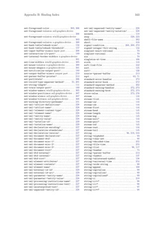 Appendix B: Binding Index                                                                                                                                                343



set-foreground-color . . . . . . . . . . . . . . . . . 303, 306                         set-xml-unparsed-!entity-name! . . . . . . . . . . . 228
set-foreground-coloron os2-graphics-device                                              set-xml-unparsed-!entity-notation! . . . . . . 228
    . . . . . . . . . . . . . . . . . . . . . . . . . . . . . . . . . . . . . . . 306   seventh . . . . . . . . . . . . . . . . . . . . . . . . . . . . . . . . . . . . 118
set-foreground-coloron win32-graphics-device                                            sexp . . . . . . . . . . . . . . . . . . . . . . . . . . . . . . . . . . 220, 223
    . . . . . . . . . . . . . . . . . . . . . . . . . . . . . . . . . . . . . . . 303   shell-file-name . . . . . . . . . . . . . . . . . . . . . . . . . . . 262
set-foreground-coloron x-graphics-device . . . 300                                      short . . . . . . . . . . . . . . . . . . . . . . . . . . . . . . . . . . . . . . 316
set-hash-table/rehash-size! . . . . . . . . . . . . . . 156                             signal-condition . . . . . . . . . . . . . . . . . 268, 269, 272
set-hash-table/rehash-threshold! . . . . . . . . . 157                                  signed-integer->bit-string . . . . . . . . . . . . . . . 134
set-input-buffer-sizeon input port . . . . . . . . 208                                  simplest-exact-rational . . . . . . . . . . . . . . . . . . . 70
set-interaction-i/o-port! . . . . . . . . . . . . . . . . 189                           simplest-rational . . . . . . . . . . . . . . . . . . . . . . . . . . 70
set-internal-border-widthon x-graphics-device                                           sin . . . . . . . . . . . . . . . . . . . . . . . . . . . . . . . . . . . . . . . . . 70
    . . . . . . . . . . . . . . . . . . . . . . . . . . . . . . . . . . . . . . . 301   singleton-wt-tree . . . . . . . . . . . . . . . . . . . . . . . . . 166
set-line-widthon win32-graphics-device . . . . . 305                                    sixth . . . . . . . . . . . . . . . . . . . . . . . . . . . . . . . . . . . . . . 118
set-mouse-coloron x-graphics-device . . . . . . . . 300                                 soft-link-file . . . . . . . . . . . . . . . . . . . . . . . . . . . . 242
set-mouse-shapeon x-graphics-device . . . . . . . . 301                                 sort . . . . . . . . . . . . . . . . . . . . . . . . . . . . . . . . . . . . . . . 125
set-notification-output-port! . . . . . . . . . . . . 189                               sort! . . . . . . . . . . . . . . . . . . . . . . . . . . . . . . . . . . . . . . 130
set-output-buffer-sizeon output port. . . . . . 210                                     source->parser-buffer . . . . . . . . . . . . . . . . . . . . 213
set-parser-buffer-pointer! . . . . . . . . . . . . . . . 214                            sqrt . . . . . . . . . . . . . . . . . . . . . . . . . . . . . . . . . . . . 63, 71
set-port/state! . . . . . . . . . . . . . . . . . . . . . . . . . . . 206               standard-error-handler . . . . . . . . . . . . . . . . . . . 272
set-record-type-unparser-method! . . . . . 31, 201                                      standard-error-hook . . . . . . . . . . . . . . . . . . . . . . . 272
set-string-length! . . . . . . . . . . . . . . . . . . . . . . . . 111                  standard-unparser-method . . . . . . . . . . . . . . . . . 202
set-trace-output-port! . . . . . . . . . . . . . . . . . . . 189                        standard-warning-handler . . . . . . . . . . . . . 272, 273
set-window-nameon win32-graphics-device . . . . 305                                     standard-warning-hook . . . . . . . . . . . . . . . . 272, 273
set-window-positionon os2-graphics-device . . 307                                       store-value . . . . . . . . . . . . . . . . . . . . . . . . . . . 273, 276
set-window-sizeon os2-graphics-device . . . . . . 307                                   stream . . . . . . . . . . . . . . . . . . . . . . . . . . . . . . . . . . . . . 144
set-window-titleon os2-graphics-device . . . . . 308                                    stream->list . . . . . . . . . . . . . . . . . . . . . . . . . . . . . . 144
set-working-directory-pathname! . . . . . . . . . . 241                                 stream-car . . . . . . . . . . . . . . . . . . . . . . . . . . . . . . . . 144
set-xml-!attlist-definitions! . . . . . . . . . . . . 228                               stream-cdr . . . . . . . . . . . . . . . . . . . . . . . . . . . . . . . . 144
set-xml-!attlist-name! . . . . . . . . . . . . . . . . . . . 228                        stream-first . . . . . . . . . . . . . . . . . . . . . . . . . . . . . . 144
set-xml-!element-content-type! . . . . . . . . . . . 228                                stream-head . . . . . . . . . . . . . . . . . . . . . . . . . . . . . . . 145
set-xml-!element-name! . . . . . . . . . . . . . . . . . . . 228                        stream-length . . . . . . . . . . . . . . . . . . . . . . . . . . . . . 145
set-xml-!entity-name! . . . . . . . . . . . . . . . . . . . . 228                       stream-map . . . . . . . . . . . . . . . . . . . . . . . . . . . . . . . . 145
set-xml-!entity-value! . . . . . . . . . . . . . . . . . . . 228                        stream-null? . . . . . . . . . . . . . . . . . . . . . . . . . . . . . . 144
set-xml-!notation-id! . . . . . . . . . . . . . . . . . . . . 229                       stream-pair? . . . . . . . . . . . . . . . . . . . . . . . . . . . . . . 144
set-xml-!notation-name! . . . . . . . . . . . . . . . . . . 229                         stream-ref . . . . . . . . . . . . . . . . . . . . . . . . . . . . . . . . 145
set-xml-declaration-encoding! . . . . . . . . . . . . 227                               stream-rest . . . . . . . . . . . . . . . . . . . . . . . . . . . . . . . 144
set-xml-declaration-standalone! . . . . . . . . . . 227                                 stream-tail . . . . . . . . . . . . . . . . . . . . . . . . . . . . . . . 145
set-xml-declaration-version! . . . . . . . . . . . . . 227                              string . . . . . . . . . . . . . . . . . . . . . . . . . . . . . 96, 218, 316
set-xml-document-declaration! . . . . . . . . . . . . 227                               string->alphabet . . . . . . . . . . . . . . . . . . . . . . . . . . . 93
set-xml-document-dtd! . . . . . . . . . . . . . . . . . . . . 227                       string->char-set . . . . . . . . . . . . . . . . . . . . . . . . . . . 88
set-xml-document-misc-1! . . . . . . . . . . . . . . . . . 227                          string->decoded-time. . . . . . . . . . . . . . . . . . . . . . 255
set-xml-document-misc-2! . . . . . . . . . . . . . . . . . 227                          string->file-time . . . . . . . . . . . . . . . . . . . . . . . . . 255
set-xml-document-misc-3! . . . . . . . . . . . . . . . . . 227                          string->list . . . . . . . . . . . . . . . . . . . . . . . . . . . 96, 117
set-xml-document-root! . . . . . . . . . . . . . . . . . . . 227                        string->number . . . . . . . . . . . . . . . . . . . . . . . . . . . . . 74
set-xml-dtd-external! . . . . . . . . . . . . . . . . . . . . 227                       string->parser-buffer . . . . . . . . . . . . . . . . . . . . 213
set-xml-dtd-internal! . . . . . . . . . . . . . . . . . . . . 227                       string->symbol . . . . . . . . . . . . . . . . . . . . . . . . . . . . 137
set-xml-dtd-root! . . . . . . . . . . . . . . . . . . . . . . . . . 227                 string->uninterned-symbol . . . . . . . . . . . . . . . . 138
set-xml-element-attributes! . . . . . . . . . . . . . . 227                             string->universal-time . . . . . . . . . . . . . . . . . . . 254
set-xml-element-contents! . . . . . . . . . . . . . . . . 227                           string->wide-string . . . . . . . . . . . . . . . . . . . . . . . . 90
set-xml-element-name! . . . . . . . . . . . . . . . . . . . . 227                       string-append . . . . . . . . . . . . . . . . . . . . . . . . . . . . . 100
set-xml-external-id-id! . . . . . . . . . . . . . . . . . . 229                         string-capitalize . . . . . . . . . . . . . . . . . . . . . . . . . . 99
set-xml-external-id-uri! . . . . . . . . . . . . . . . . . 229                          string-capitalize! . . . . . . . . . . . . . . . . . . . . . . . . . 99
set-xml-parameter-!entity-name! . . . . . . . . . . 228                                 string-capitalized? . . . . . . . . . . . . . . . . . . . . . . . . 99
set-xml-parameter-!entity-value! . . . . . . . . . 228                                  string-ci . . . . . . . . . . . . . . . . . . . . . . . . . . . . . . . . . 218
set-xml-processing-instructions-name! . . . 227                                         string-ci<=? . . . . . . . . . . . . . . . . . . . . . . . . . . . . . . . 98
set-xml-processing-instructions-text! . . . 227                                         string-ci<? . . . . . . . . . . . . . . . . . . . . . . . . . . . . . . . . 98
set-xml-uninterpreted-text! . . . . . . . . . . . . . . 227                             string-ci=? . . . . . . . . . . . . . . . . . . . . . . . . . . . . . . . . 97
set-xml-unparsed-!entity-id! . . . . . . . . . . . . . 228                              string-ci>=? . . . . . . . . . . . . . . . . . . . . . . . . . . . . . . . 98
 