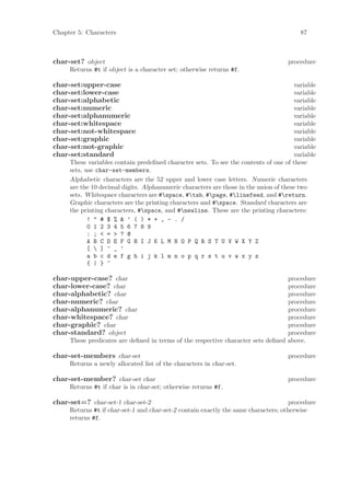 Chapter 5: Characters                                                                   87



char-set? object                                                                   procedure
     Returns #t if object is a character set; otherwise returns #f.

char-set:upper-case                                                                   variable
char-set:lower-case                                                                   variable
char-set:alphabetic                                                                   variable
char-set:numeric                                                                      variable
char-set:alphanumeric                                                                 variable
char-set:whitespace                                                                   variable
char-set:not-whitespace                                                               variable
char-set:graphic                                                                      variable
char-set:not-graphic                                                                  variable
char-set:standard                                                                     variable
     These variables contain predeﬁned character sets. To see the contents of one of these
     sets, use char-set-members.
     Alphabetic characters are the 52 upper and lower case letters. Numeric characters
     are the 10 decimal digits. Alphanumeric characters are those in the union of these two
     sets. Whitespace characters are #space, #tab, #page, #linefeed, and #return.
     Graphic characters are the printing characters and #space. Standard characters are
     the printing characters, #space, and #newline. These are the printing characters:
            ! " # $ % & ’ ( ) * + , - . /
            0 1 2 3 4 5 6 7 8 9
            : ; < = > ? @
            A B C D E F G H I J K L M N O P Q R S T U V W X Y Z
            [  ] ^ _ ‘
            a b c d e f g h i j k l m n o p q r s t u v w x y z
            { | } ~

char-upper-case? char                                                             procedure
char-lower-case? char                                                             procedure
char-alphabetic? char                                                             procedure
char-numeric? char                                                                procedure
char-alphanumeric? char                                                           procedure
char-whitespace? char                                                             procedure
char-graphic? char                                                                procedure
char-standard? object                                                             procedure
     These predicates are deﬁned in terms of the respective character sets deﬁned above.

char-set-members char-set                                                          procedure
     Returns a newly allocated list of the characters in char-set.

char-set-member? char-set char                                                     procedure
     Returns #t if char is in char-set; otherwise returns #f.

char-set=? char-set-1 char-set-2                                                     procedure
     Returns #t if char-set-1 and char-set-2 contain exactly the same characters; otherwise
     returns #f.
 