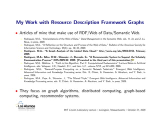 My Work with Resource Description Framework Graphs

• Articles of mine that make use of RDF/Web of Data/Semantic Web.
    Rodriguez, M.A., “Interpretations of the Web of Data,” Data Management in the Semantic Web, eds. H. Jin and Z. Lv,
    Nova, in press, 2009.
    Rodriguez, M.A., “A Reﬂection on the Structure and Process of the Web of Data,” Bulletin of the American Society for
    Information Science and Technology, 35(6), pp. 38–43, 2009.
    Rodriguez, M.A., “A Graph Analysis of the Linked Data Cloud,” http://arxiv.org/abs/0903.0194, February
    2009.
    Rodriguez, M.A., Allen, D.W., Shinavier, J., Ebersole, G., “A Recommender System to Support the Scholarly
    Communication Process,” KRS-2009-02, 2009. [Presented in the third part of this presentation.]
    Rodriguez, M.A., Watkins, J., “Faith in the Algorithm, Part 2: Computational Eudaemonics,” Lecture Notes in Artiﬁcial
    Intelligence, eds. Velsquez, J.D., Howlett, R.J., and Jain, L.C., volume 5712, pp 813–820, 2009.
    Rodriguez, M.A., “General-Purpose Computing on a Semantic Network Substrate,” Emergent Web Intelligence,
    Advanced Information and Knowledge Processing series, Eds. R. Chbeir, A. Hassanien, A. Abraham, and Y. Badr, in
    press, 2008.
    Rodriguez, M.A., Pepe, A., Shinavier, J., “The Dilated Triple,” Emergent Web Intelligence, Advanced Information and
    Knowledge Processing series, eds. R. Chbeir, A. Hassanien, A. Abraham, and Y. Badr, in press, 2008.



• They focus on graph algorithms, distributed computing, graph-based
  computing, recommender systems.


                                          MIT Lincoln Laboratory Lecture – Lexington, Massachusetts – October 27, 2009
 