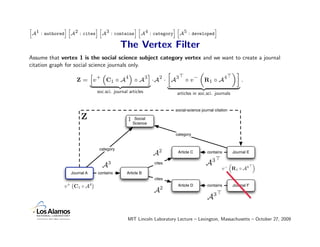 A1 : authored A2 : cites A3 : contains A4 : category A5 : developed
h             ih         ih            ih            ih             i


                                                 The Vertex Filter
Assume that vertex 1 is the social science subject category vertex and we want to create a journal
citation graph for social science journals only.
                                                       »         „           «–
                              +           4      3   2   3     −           4
                          h     “           ”      i
                    Z= v          C1 ◦ A ◦ A ·A · A         ◦v     R1 ◦ A         .
                          |           {z           }   |          {z            }
                                     soc.sci. journal articles              articles in soc.sci. journals


                                                                           social-science journal citation
                          Z                          1    Social
                                                         Science

                                                                           category


                                      category
                                                                   A2       Article C        contains        Journal E


                                       A3                          cites                     A3
                                                                                                      v − R1 ◦ A4
                     Journal A       contains        Article B
                                                                   cites
                 +               4
             v        C1 ◦ A                                           2
                                                                            Article D        contains        Journal F
                                                                   A
                                                                                             A3

                                                     MIT Lincoln Laboratory Lecture – Lexington, Massachusetts – October 27, 2009
 