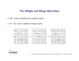 The Weight and Merge Operations

• λZ: scalar multiplication weights paths.

• Y + Z: matrix addition merges paths.


        24   1     0   0   0           0     1    0     0   0             24    2     0    0    0

         0   72    0   4   0            0   10    0     0    0             0    82    0    4    0

        23   0     0   0   0    +      1     0    34   0    0     =       24     0   34    0    0

        0    0 15.3 0      0           0     0    0     0   0              0     0 15.3 0       0

        0    0     0   0   12          0     0    0     0   2              0     0    0    0   14




                                    MIT Lincoln Laboratory Lecture – Lexington, Massachusetts – October 27, 2009
 