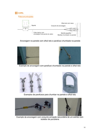 10
Ancoragem na parede com olhal reto e parafuso chumbado na parede
Exemplo de ancoragem com parafuso chumbado na parede e olhal reto
Exemplos de parafusos para chumbar na parede e olhal reto
Exemplo de ancoragem com conjunto armação secundária de um estribo com
isolador de porcelana
Manilha sapatilha
Conjunto de ancoragem
Olhal reto com rosca
Cabo óptico com
amarração final (ponta do cabo)
Suporte
Parafuso chumbado na parede
 