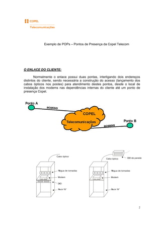 2
Exemplo de POPs – Pontos de Presença da Copel Telecom
O ENLACE DO CLIENTE:
Normalmente o enlace possui duas pontas, interligando dois endereços
distintos do cliente, sendo necessária a construção do acesso (lançamento dos
cabos ópticos nos postes) para atendimento destes pontos, desde o local de
instalação dos modems nas dependências internas do cliente até um ponto de
presença Copel.
Modem
DIO
Régua de tomadas
Rack 19”
Cabo óptico
Modem
Régua de tomadas
Rack 19”
Cabo óptico DIO de parede
 