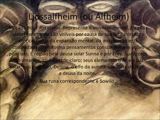 Ljossalfheim (ou Alfheim) Morada dos Elfos claros. Representa o universo mental. Os elfos claros raramente são visíveis por causa de sua sutil estrutura etérica. Reino da expansão mental, da imaginação e da criatividade. Transforma pensamentos conscientes em ações positivas. É regido pela deusa solar Sunna e por Frey. Suas cores são amarelo, azul e verde-claro; seus elementos o Ar e a Luz solar; seu guardião, Delling, o elfo da aurora, consorte de Nott, a deusa da noite.  Sua runa correspondente é Sowilo.  