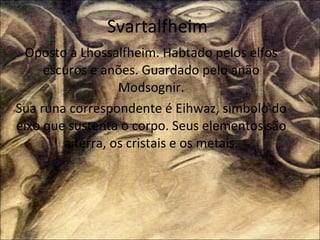 Svartalfheim Oposto a Lhossalfheim. Habtado pelos elfos escuros e anões. Guardado pelo anão Modsognir. Sua runa correspondente é Eihwaz, símbolo do eixo que sustenta o corpo. Seus elementos são a terra, os cristais e os metais. 