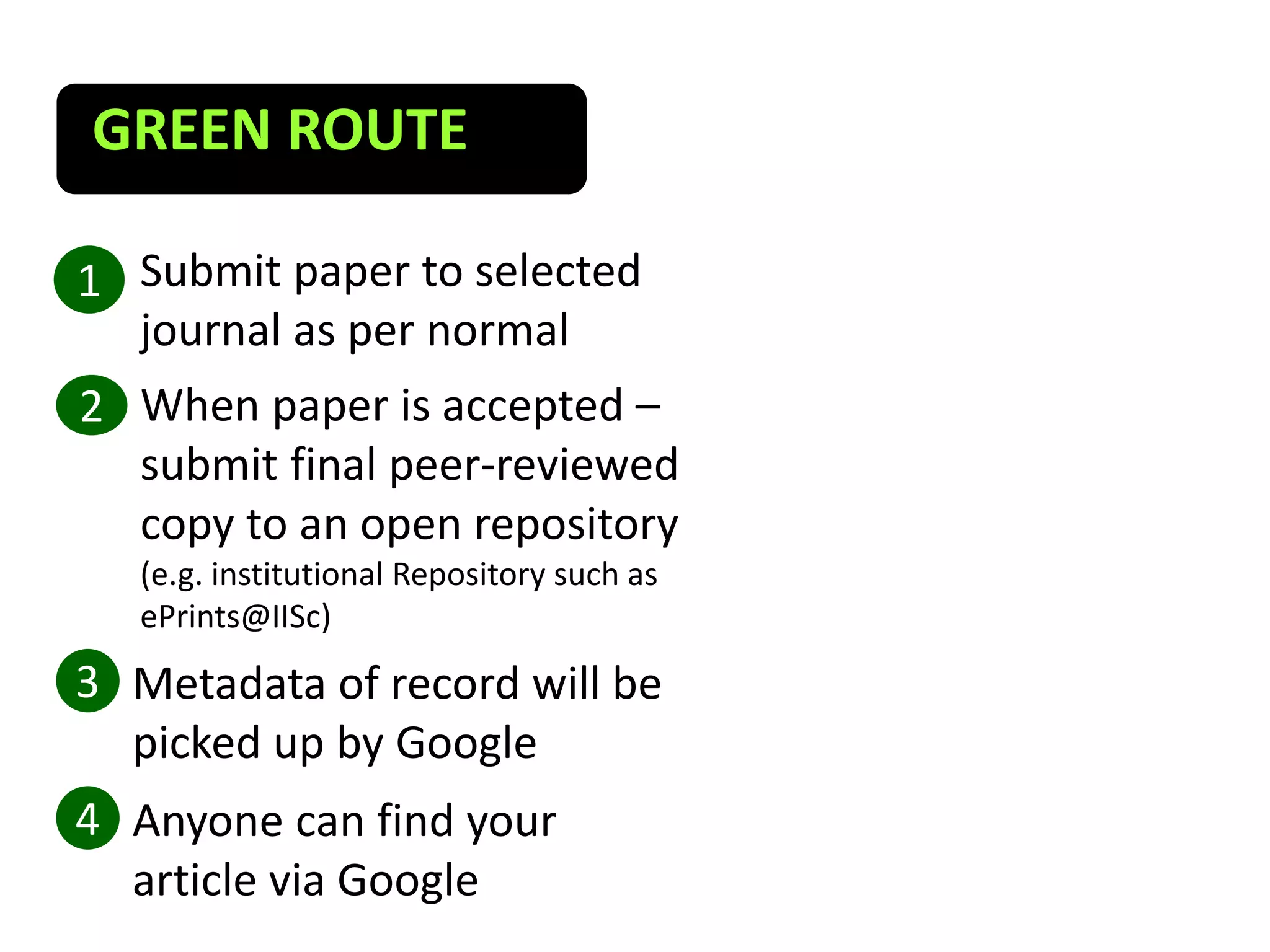 Submit paper to selected
journal as per normal
1
When paper is accepted –
submit final peer-reviewed
copy to an open repository
(e.g. institutional Repository such as
ePrints@IISc)
2
Metadata of record will be
picked up by Google
3
GREEN ROUTE
4 Anyone can find your
article via Google
 